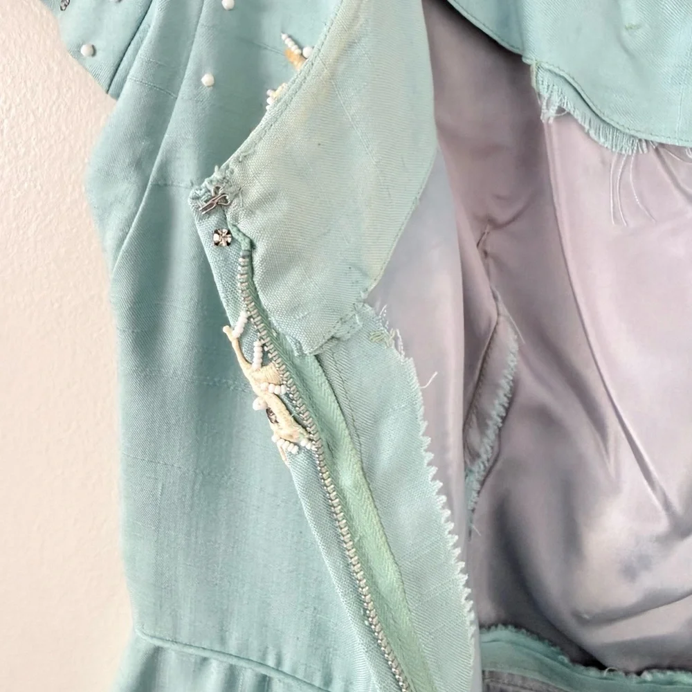 Vintage 50s 60s Baby Blue Hand Beaded Sheath Dress Lace Rhinestone Cocktail M/L - Picture 9 of 16